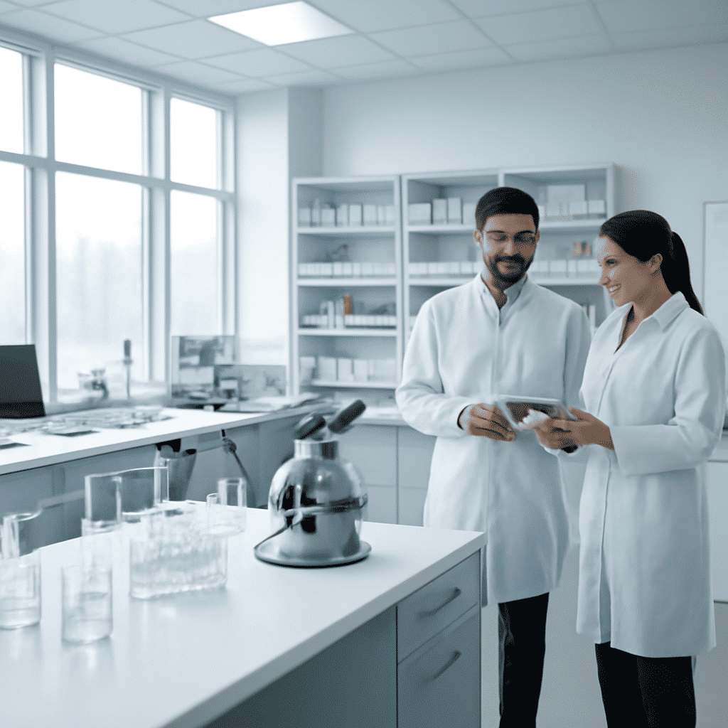 Two scientists reviewing research in a laboratory