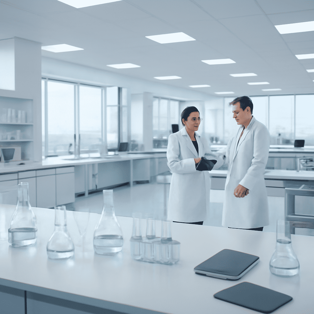 Researchers discussing results in a modern laboratory