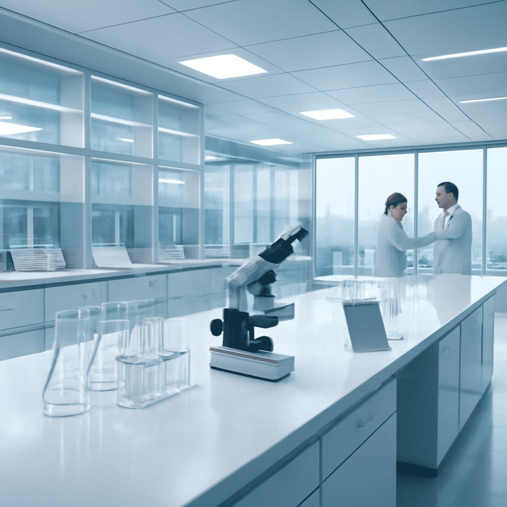 Scientists working in a bright research laboratory